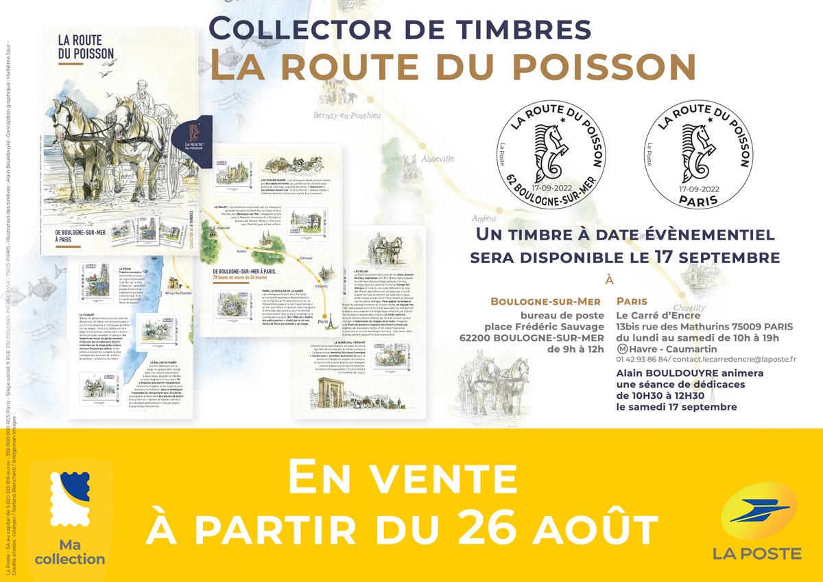toutsurletimbre's tweet photo. [J-3] avant la #RouteduPoisson
👉 ce samedi 17 septembre : oblitération événement 
📍au bureau de poste de #BoulogneSurMer
📍 au Carré d'Encre #Paris9 avec séance de #dédicaces d'Alain BOULDOUYRE
#RDP2022 @RoutePoisson @Env_Alfort @VDN_Boulogne 
@AuTopCotedOpale @Ville_Boulogne https://t.co/HGAjZVacnM