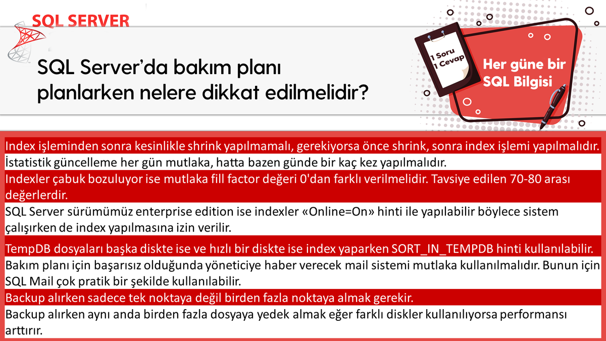 omer_colakoglu's tweet image. SQL Server’da bakım planı planlarken nelere dikkat edilmelidir?
#hergüne1sqlbilgisi #sqlbackup