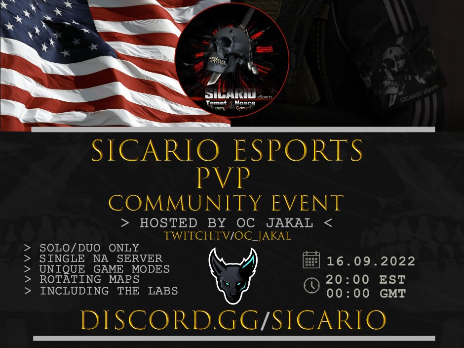 OC_JAKAL's tweet photo. Come join a FUN night of PVP with the @Sicario_eSports team! NA Region most likely East Coast servers so EU can join as well! More FUN than sweating the lobbies!! Although, there will be a few Sweaty raids! If you're not in the discord, DM me and we'll get you an invite! https://t.co/H7D48qmrwB