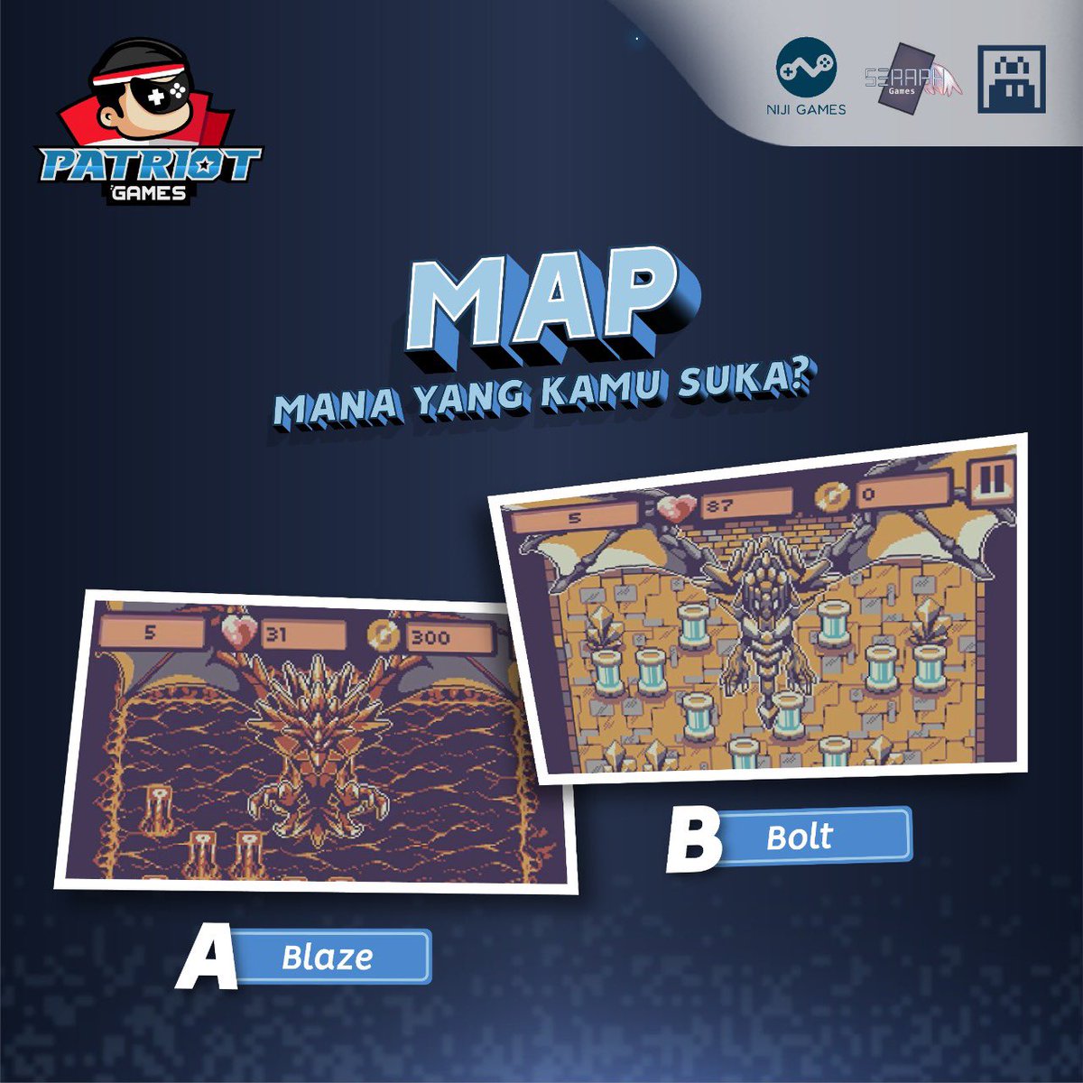 PatriotGamesID's tweet photo. MAP mana nih yang kamu suka?
Tulis di kolom komentar ya!
👉🏻 Download monster breakout (link di bio) 🥳
#PatriotGames
#EveryoneIsAHero
#MobileGames
#MonsterBreakout
#Indiedev #Indiegame #Pixelart #Gamedev https://t.co/GAtwXms2HJ