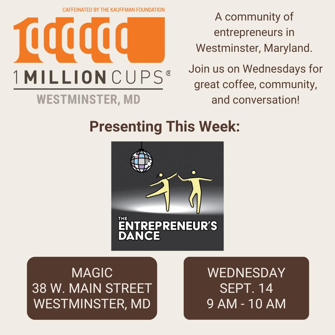 Join us for <a href="/1MCWestminster/">1MC Westminster</a> tomorrow, 9/14 to learn about The Entrepreneur's Dance, a handbook to help you find your rhythm as an #entrepreneur and navigate your way toward success.

Catch the presentation in person at <a href="/MAGICWestMD/">MAGIC</a> or livestreamed at facebook.com/1MCWestminster
