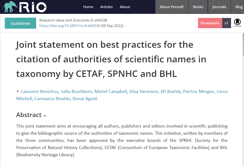 In their Guidelines paper - latest <a href="/Bicikl_H2020/">BiCIKL_H2020</a> project outcome to be published - <a href="/eurotaxonomy/">CETAF</a>, <a href="/SPNHC/">SPNHC</a> &amp; <a href="/BioDivLibrary/">BHL</a> propose a solution for data-minable links between authors, original descriptions and current #taxonomic treatments.
See: doi.org/10.3897/rio.8.…
#BiCIKL_H2020