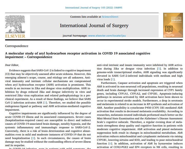 Latest article published from in International Journal of Surgery (Impact Factor: 13.4) on interlinkage between COVID-19 infection mediated aryl hydrocarbon activation and cognitive impairment. Congratulations <a href="/Kam_Dua/">Kamal Dua</a> <a href="/gauravpharma25/">Gaurav Gupta</a> <a href="/UTSARCCIM/">ARCCIM</a>  
sciencedirect.com/science/articl…
