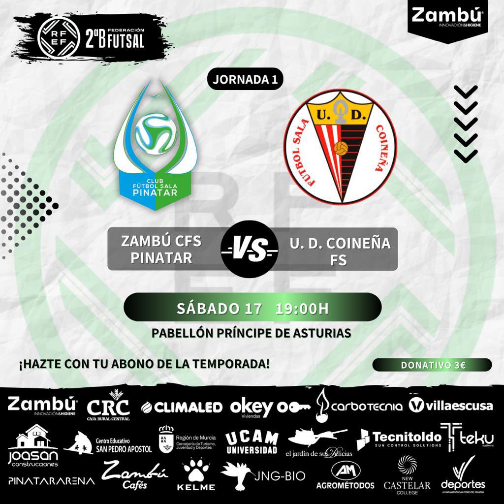 PEEEERO SI ES SEMANA DE LIGA❗️

Por fin ha llegado lo que llevamos esperando desde principios de agosto, semana de liga y jugamos en CASA 🏠.

Sábado 17 de septiembre a las 19:00 🕖 🆚 <a href="/udcoinfs/">UD  COINEÑA FS</a> 

Que se llene el Principe, queremos seguir soñando..💭

#GoZambú #GoPinatar 💙⚽️💚