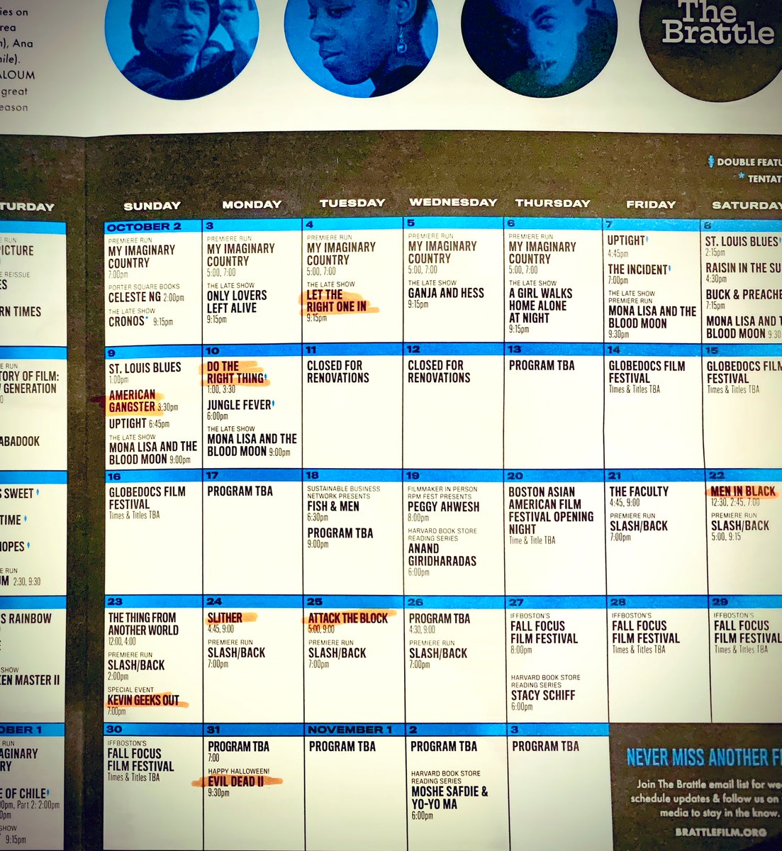 dicewalla's tweet image. I enjoy going through the Brattle schedule with a highlighter when it arrives. I’ll have to visit frequently in October