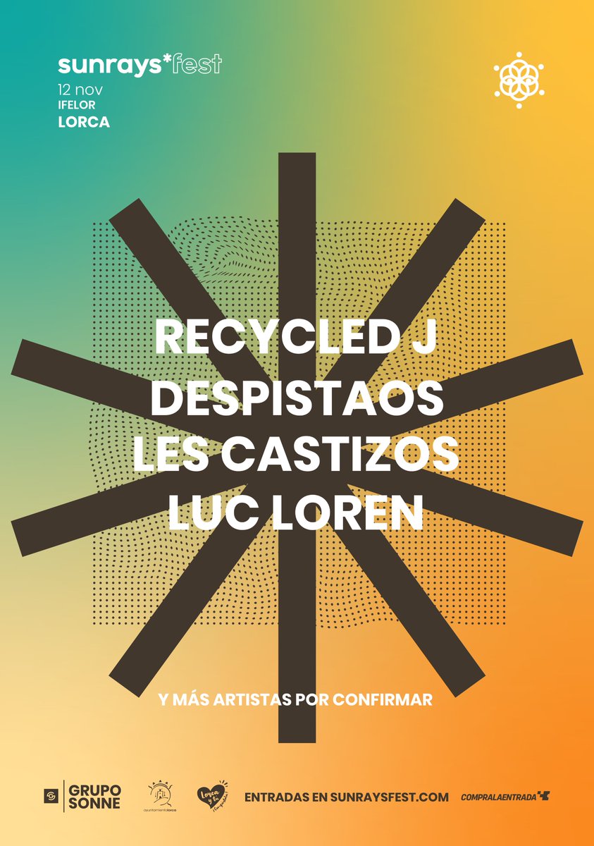 AytoLorca's tweet photo. 📢🎶 @Recycled_J , @Despistaos , @lescastizos o @LucLoren actuarán en el ‘Sunrays Fest’ que se celebrará en #Lorca el próximo 1⃣2⃣ de noviembre

🔗 https://t.co/aeWKjKNrd5 https://t.co/5zIRGZ0mUV