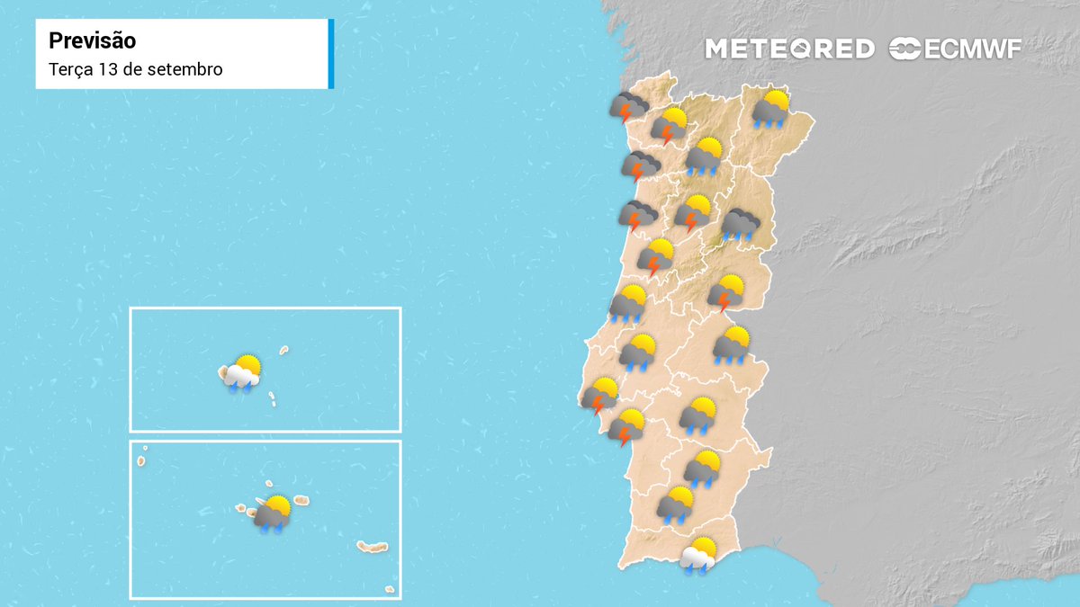 MeteoredPT's tweet photo. @oppositejohn Terça-feira com períodos de #chuva, por vezes forte, e risco de #trovoada ⛈️ em #Portugal continental.

Sensação térmica de #calor devido à elevada #humidade presente 🥵. Máxima de 25 ºC em #Beja 🌡️ e #vento de Sudoeste 🌬️.

#Açores e #Madeira com nuvens, sol e aguaceiros 🌦️. https://t.co/U451lNJW8z