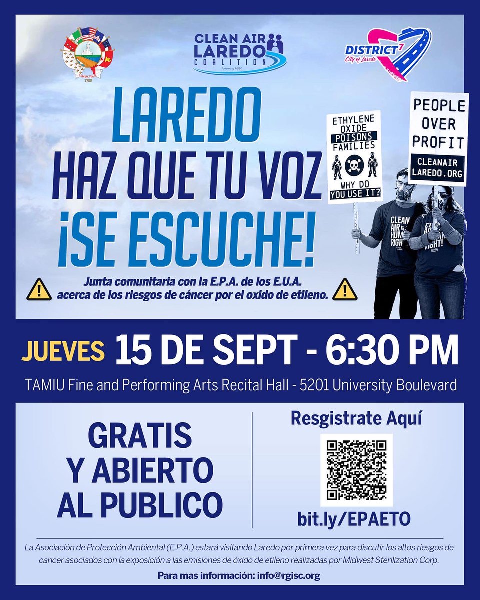 CleanAirLaredo's tweet photo. PLEASE SHARE!!!! 👇 

In 2 days the #EPA will be coming down to Laredo! We need our community to SHOW UP and voice their concerns on #ethyleneoxide 

Register here: https://t.co/89147acqXo https://t.co/ohhBIT0EMz