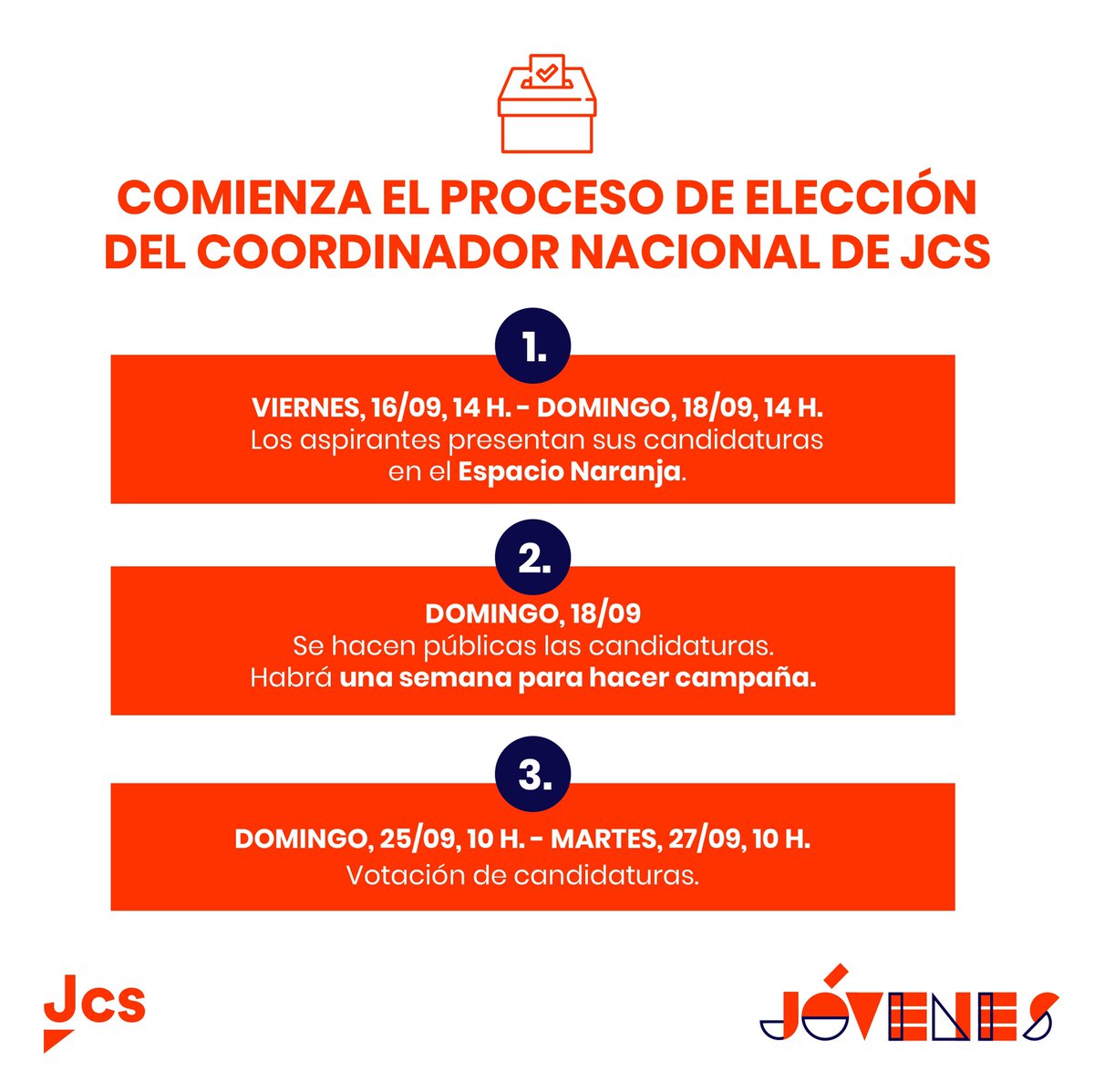 jovenesCs's tweet photo. 🚨 ANUNCIO IMPORTANTE: 

¡Comienza el proceso para la elección del coordinador nacional de Jóvenes de Cs! 

Si eres afiliado, revisa tu correo porque en él te explicamos al detalle las tres fases con las que contará el procedimiento. ¡No te quedes sin participar! https://t.co/vdt3rZqqLK