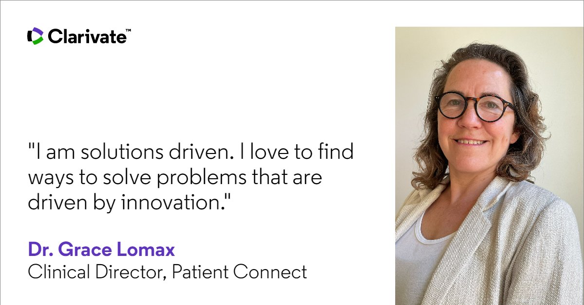 Clarivate's tweet photo. Dr. Grace Lomax developed technologies like #PatientConnect to work collaboratively with #physicians and #pharmacists to support #patients unmet needs.
Learn how her experiences shaped her career: https://t.co/C82O8Pi6YZ
#I2I #ClarivatePodcast https://t.co/4jfsv73HQ7