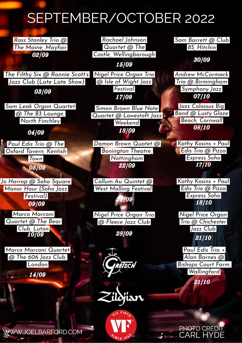 Joel Barford (@joelbarforddrum) on Twitter photo For those interested in my whereabouts for September/October 2022! <a href="/gretschdrums/">Gretsch Drums</a> <a href="/ZildjianCompany/">Zildjian Company🌕</a> <a href="/vicfirth/">Vic Firth</a>
#NigelPrice #FilthySix #SamLeak #PaulEdis #JoHarrop #MarcoMarconi #RachaelJohnson #SimonBrown #DamonBrown #CallumAu #SamBarrett #AndrewMcCormack #JazzColossus #KathyKosins For those interested in my whereabouts for September/October 2022! <a href="/gretschdrums/">Gretsch Drums</a> <a href="/ZildjianCompany/">Zildjian Company🌕</a> <a href="/vicfirth/">Vic Firth</a>
#NigelPrice #FilthySix #SamLeak #PaulEdis #JoHarrop #MarcoMarconi #RachaelJohnson #SimonBrown #DamonBrown #CallumAu #SamBarrett #AndrewMcCormack #JazzColossus #KathyKosins
