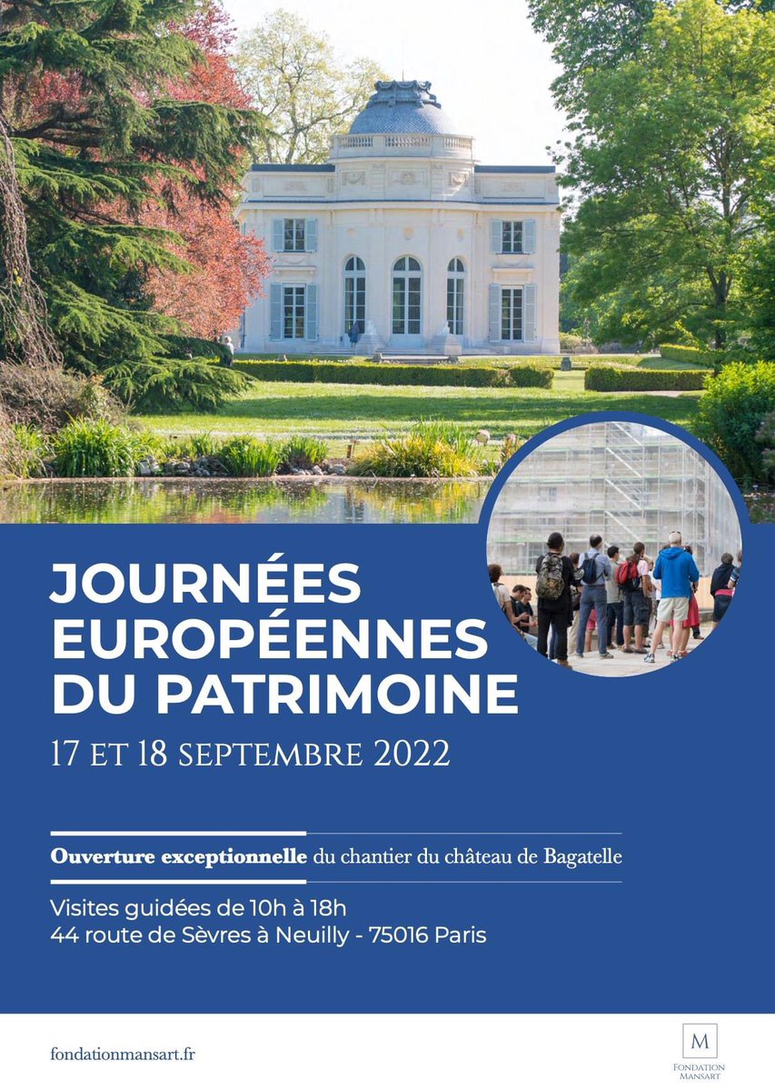 ansquer_laure's tweet photo. JEP 2022 | LES JOURNÉES EUROPÉENNES DU PATRIMOINE À BAGATELLE

La Fondation Mansart proposera de 10h à 18h, une visite inédite du château de Bagatelle, dont les extérieurs viennent d'être restaurés 😉 

@aldemontgolfier @AlexisRobin_28 @mairiedu16 https://t.co/YuEs0UXF6E