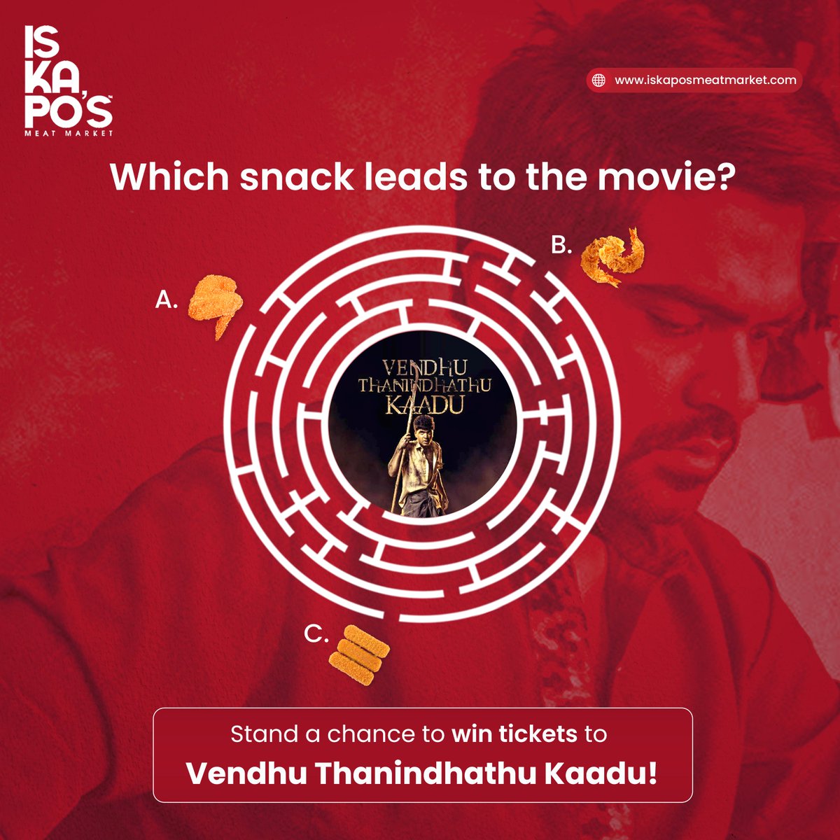 Iskapomeats's tweet photo. #ContestAlert Choose the snack that leads to the center of the maze for a chance to win FIRST DAY tickets to Gautham Vasudev Menon's Vendhu Thanindhathu Kaadu! #PieceBro
Rules:
1. Comment your answer
2. Tag 2 friends
3. Make sure you're following ISKAPO'S
#contestalertindia https://t.co/jYKeQidxUA