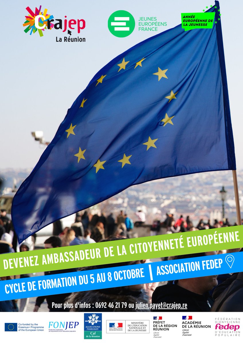 FORMATION À L'ÉDUCATION CIVIQUE EUROPÉENNE 🇪🇺 🗓 Les 5, 6, 7 et 8 octobre 2022, 🍲 Les encas lors des pauses et les repas du midi sont pris en charge, 📍 161 rue Jules Auber, Saint-Denis 97400, ℹ Pour plus d'informations : +262 692 46 21 79,