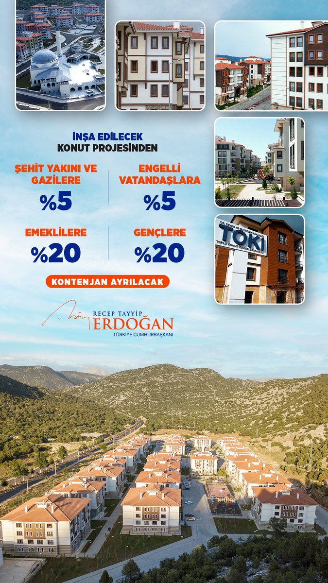 İlk Evim İlk İş Yerim Projesi’nde çeşitli kesimlere pozitif ayrımcılık yapıyoruz.

Şehit yakınlarımıza, gazilerimize, engelli kardeşlerimize, emekli vatandaşlarımıza ve bir ilki gerçekleştirerek gençlerimize özel bir kontenjan oluşturuyoruz. #YüzyılınKonutProjesi