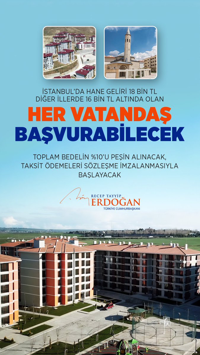 Tarihimizin bu en büyük sosyal konut kampanyasına İstanbul’da hane geliri 18 bin liranın, diğer illerde 16 bin liranın altında olan her vatandaşımız başvurabilecektir. #YüzyılınKonutProjesi