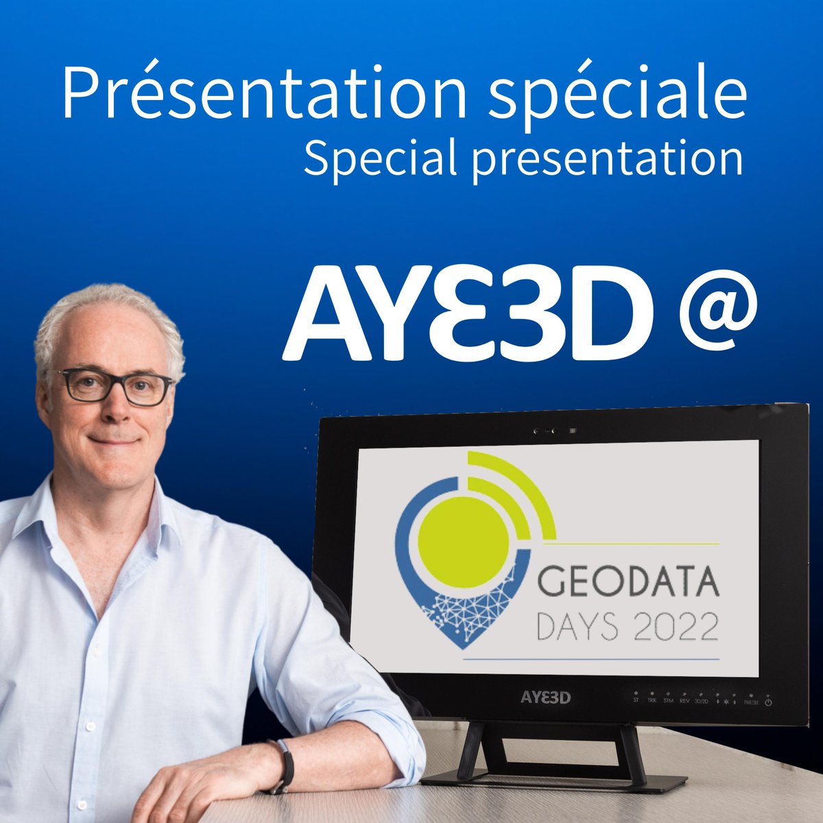 AYE3D special presentation #GeoDataDays! 
You will find Mario Genest at Futuroscope in Poitiers (France), this Wednesday and Thursday.
He will make a special presentation at the Demo Space!
GIS Specialists: don't miss the opportunity to come see us at booth 11.
#3D #experience
