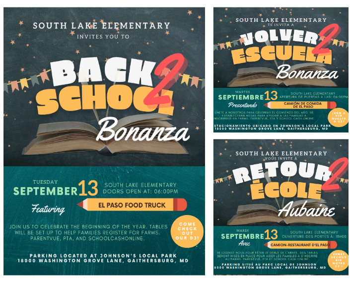 South Lake ES | Back2School Bonanza
You're Invited: Tonight @ 6pm-8pm
Meeting Teachers &amp; Mapping Out Student Success
Student-Parent-Teacher -Community PartnerSHIP
Families * Fun * Food Truck
#getontheship 
#empoweringteachers #enrichingstudents
#doit2gether #doit4students