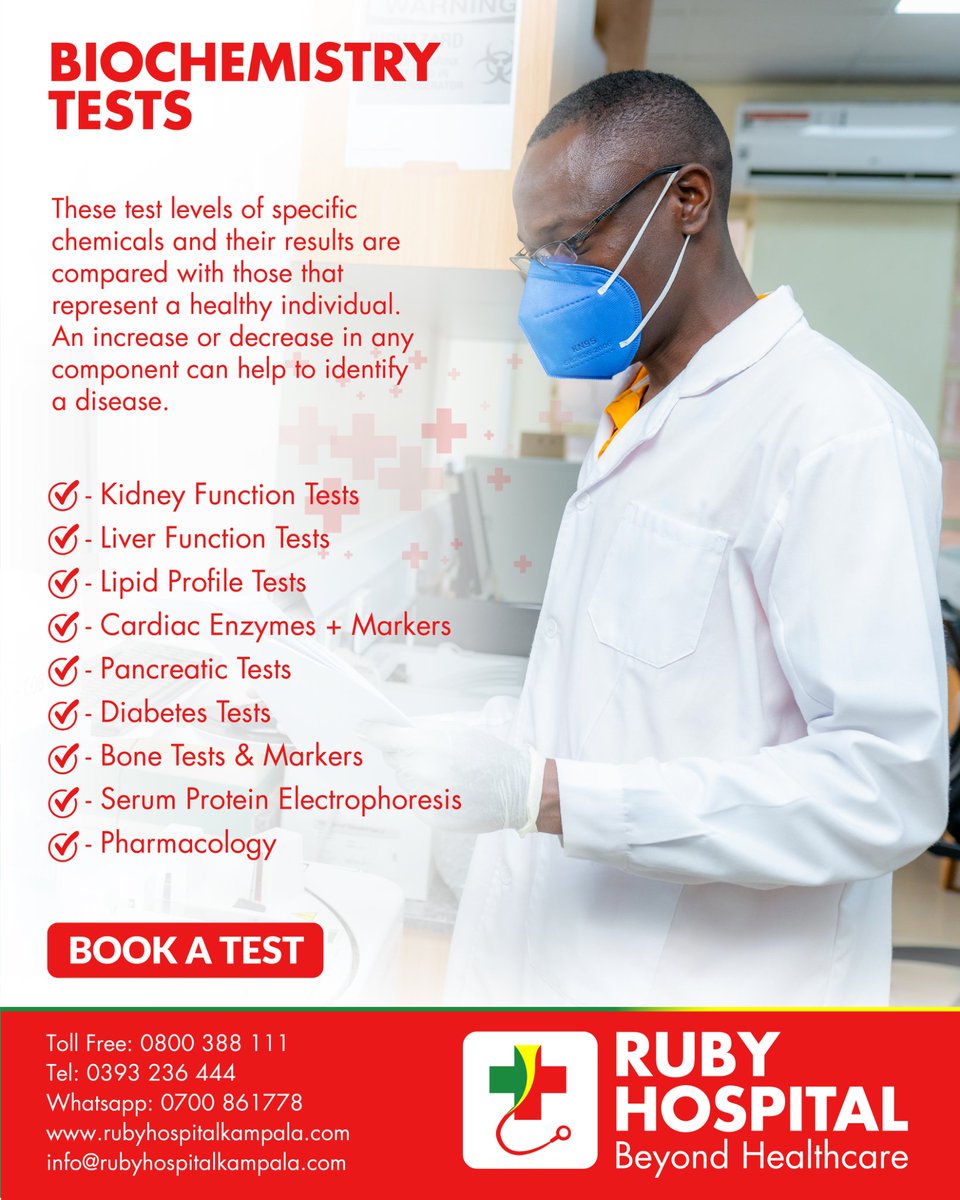 RubyhospitalUg's tweet image. Biochemistry Tests help to test levels of specific chemicals and the results are compared with the standard to identify a disease. Book a test today!

#RubyMedicalCenter
#RubyHospital
#BeyondHealthcare
#LabTest