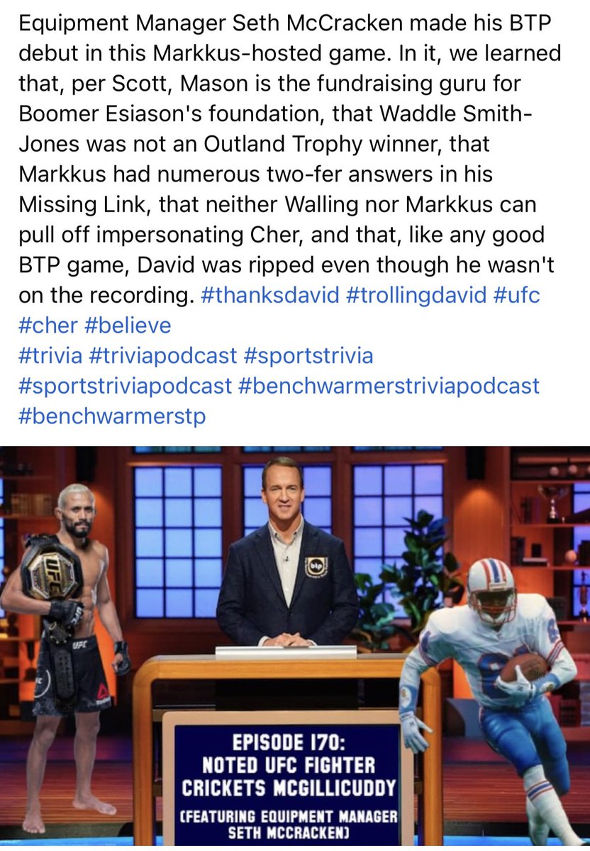 benchwarmerstp's tweet photo. #thanksdavid #trollingdavid #ufc #cher #believe
#trivia #triviapodcast #sportstrivia #sportstriviapodcast #benchwarmerstriviapodcast #benchwarmerstp https://t.co/9j45oneizJ