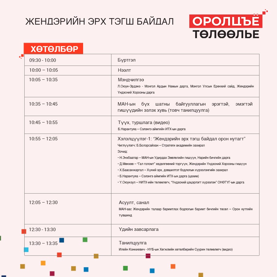 ArdiinNam's tweet photo. “ОРОЛЦЪЁ, ТӨЛӨӨЛЬЕ”
#ЖЕНДЭРИЙН ЭРХ ТЭГШ БАЙДАЛ - УДИРДАХ АЖИЛТНЫ ХЭЛЭЛЦҮҮЛЭГ 

📍 Огноо: 2022.09.15 - Тусгаар тогтнолын ордон📍 https://t.co/3D301RAwGR