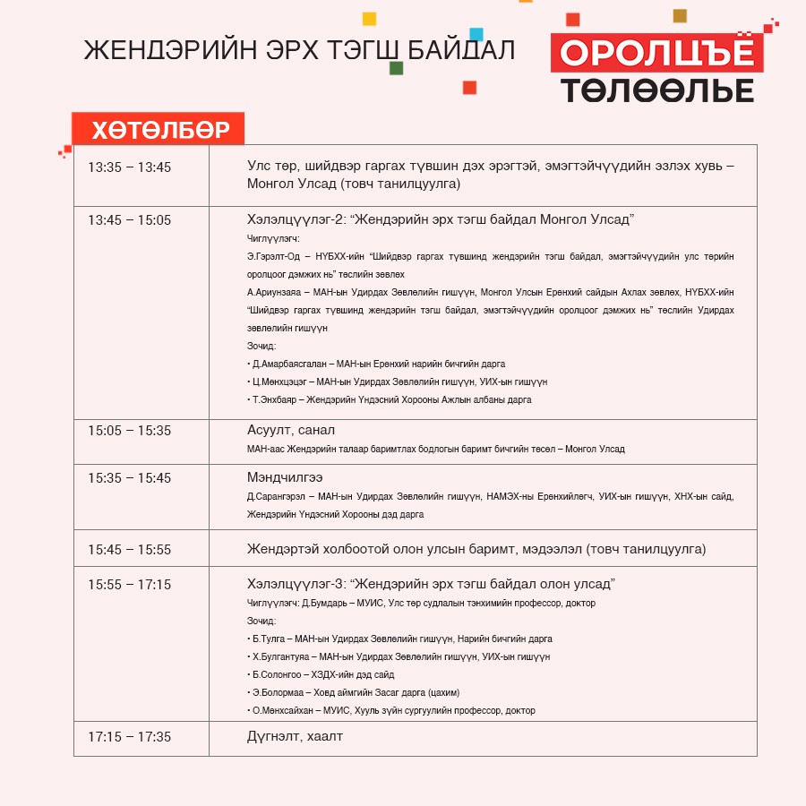 ArdiinNam's tweet photo. “ОРОЛЦЪЁ, ТӨЛӨӨЛЬЕ”
#ЖЕНДЭРИЙН ЭРХ ТЭГШ БАЙДАЛ - УДИРДАХ АЖИЛТНЫ ХЭЛЭЛЦҮҮЛЭГ 

📍 Огноо: 2022.09.15 - Тусгаар тогтнолын ордон📍 https://t.co/3D301RAwGR