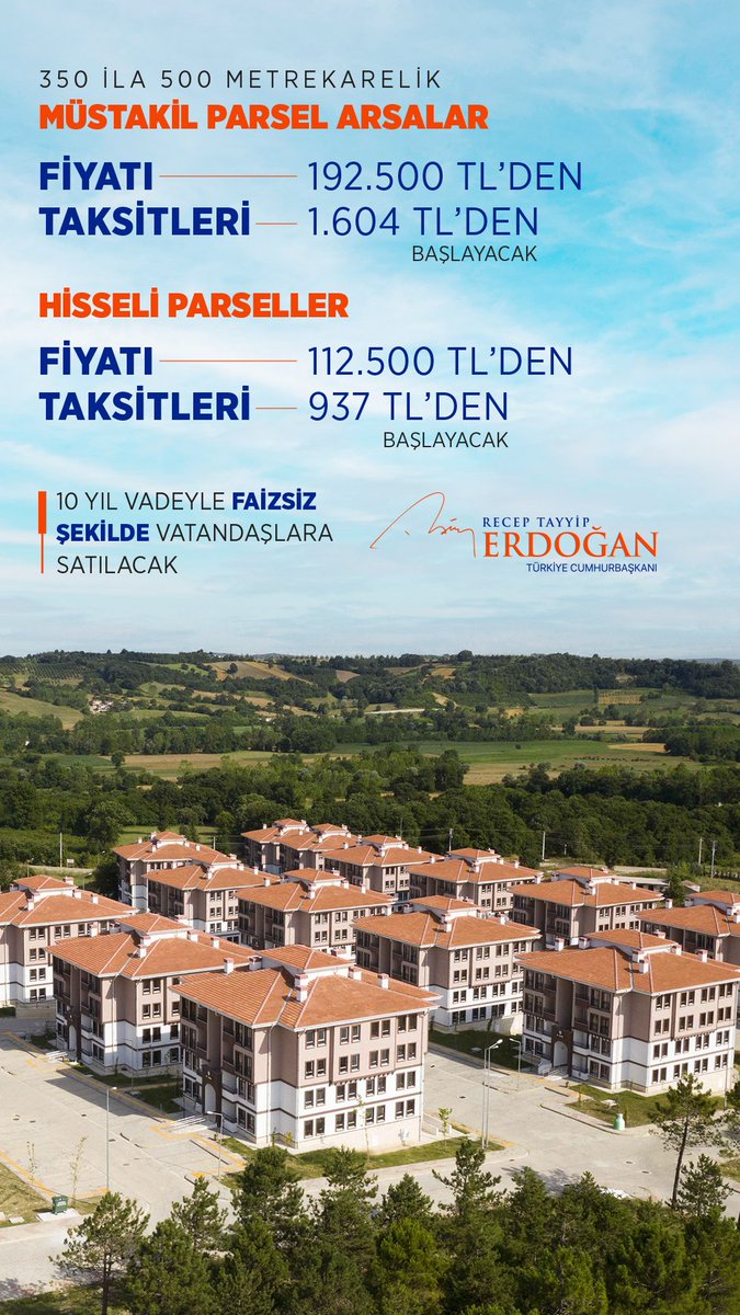 İlk defa, altyapıları ve imarı hazırlanmış, ev yapmaya hazır arsa alternatifini de sunuyoruz.

İki ayrı gruptaki bu arsalar 937 lira ila 1.604 liradan başlayan taksitlerle, 10 yıl vadeyle, faizsiz şekilde vatandaşlarımıza satılacaktır. #YüzyılınKonutProjesi