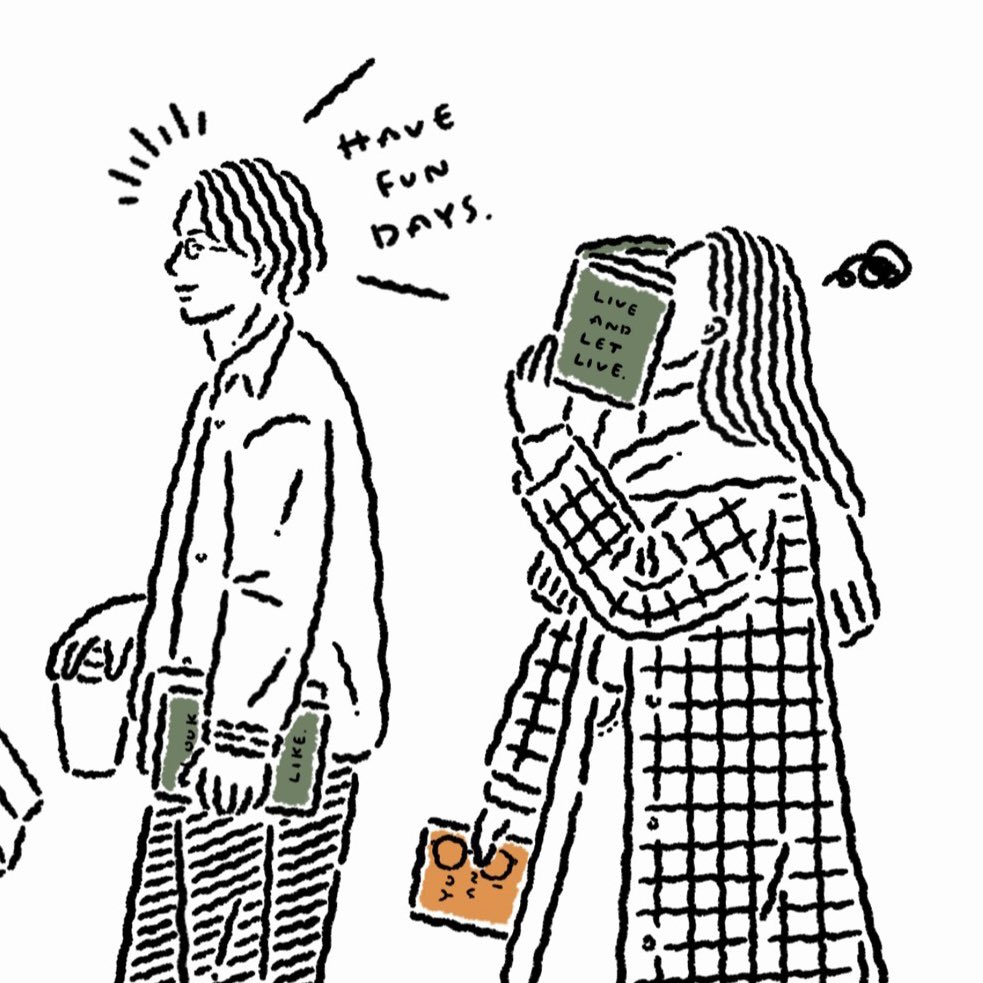 a.v.v MEN様との秋のコラボTシャツ原画。
秋モチーフの本&メガネと同じ方向を向いている男女たちがお気に入り。♡
細かいとこですが本の帯にも1つ1つ題名描いてます。
ゆるっとしたシルエットが男女共に可愛く着ていただけるのでぜひチェチェックしてみてください🥰
https://t.co/w7J1VIyvjn 