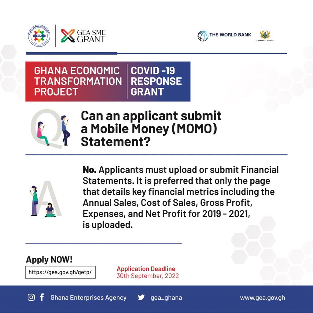 gea_ghana's tweet photo. Applicants are required to submit Financial Statements with financial metrics such as Annual Sales, Cost of Sales, Gross Profit, Expenses, and Net Profit for the period between 2019 to 2021.

#GETP
#EmpoweringPeople
#COVID19ResponseGrant #GrantSectoralExpansion
#TransformingSMEs https://t.co/Sro1f3dZSL