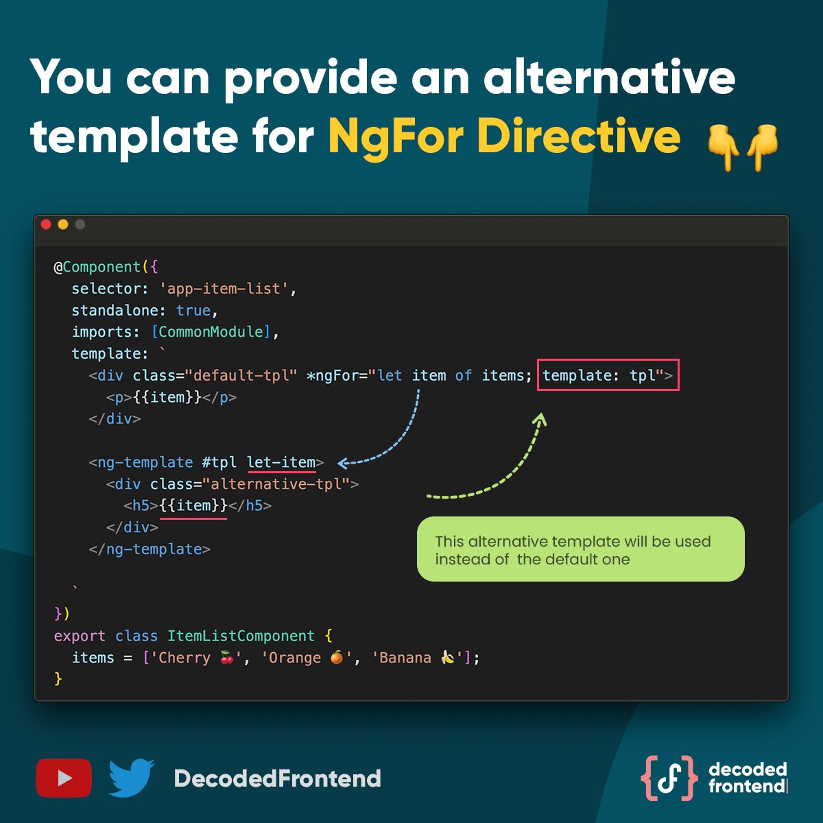 DecodedFrontend's tweet image. #FrontendSnack 16💡 One of the interesting findings during #Angular source code investigation. Please, share it if you find this tip useful!🙏🏻

P.s 💁🏼‍♂️ If you look for Advanced #Angular Tutorials - bit.ly/DecodedFrontend

#AngularTip #AngularDev