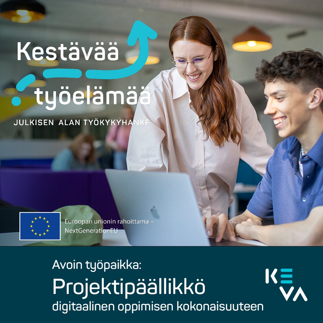 Onko osaamisen kehittäminen lähellä sydäntäsi? Tule projektipäälliköksi #KestävääTyöelämää hankkeeseen vastaamaan digitaalisen oppimisen projektista sekä tukemaan julkisen alan työnantajia työkykyjohtamisessa.

📅Jätä hakemus viimeistään 23.9. keva.fi/uutiset-ja-art…

#työpaikat
