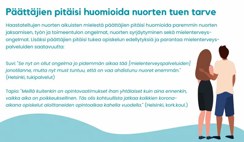 Tutkimus nostaa esille #nuoret viestit päättäjille: pitää huomioida paremmin nuorten jaksamisen ongelmat ja syrjäytyminen. Erityisesti pitää parantaa #mielenterveys'palvelujen saatavuutta! <a href="/EronenEija/">Eija Eronen</a>  <a href="/e2_tutkimus/">E2 Tutkimus</a> #ääninuorille <a href="/HDLsaatio/">Diakonissalaitos</a>