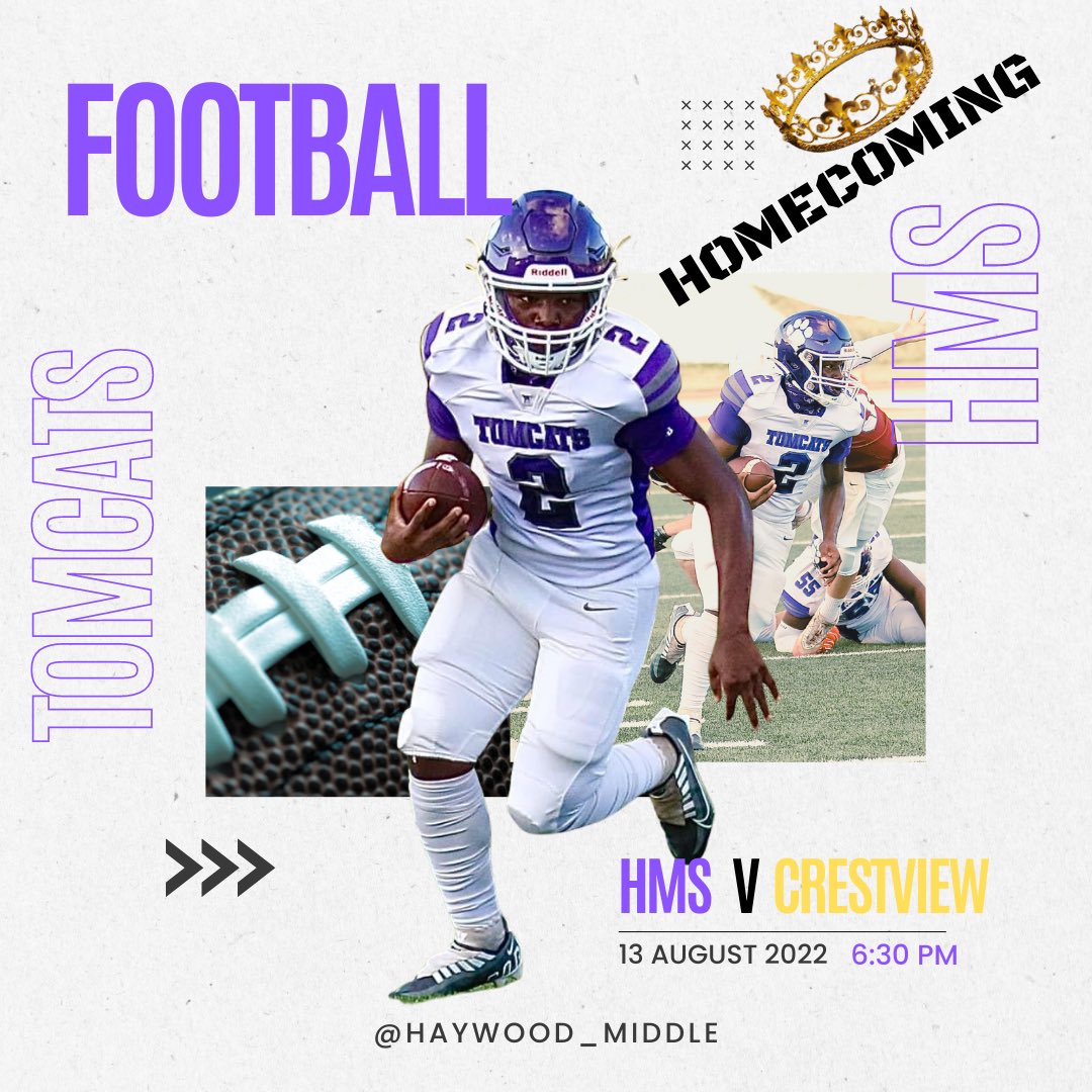 HMS Tomcat Football 🏈:

🆚: Crestview Middle

⏰: 6:30 PM

📍: LZ Hurley Stadium

📆: September 13, 2022

🎟: $5

‼️Homecoming Festivities will take place at halftime ‼️ 

Photo Courtesy of Oscar E <a href="/HMSTomcats/">Haywood Middle School</a> <a href="/haywoodtomcats/">tomcats_athletics</a> <a href="/Hmstomcatsfball/">Haywood Middle School Football</a>