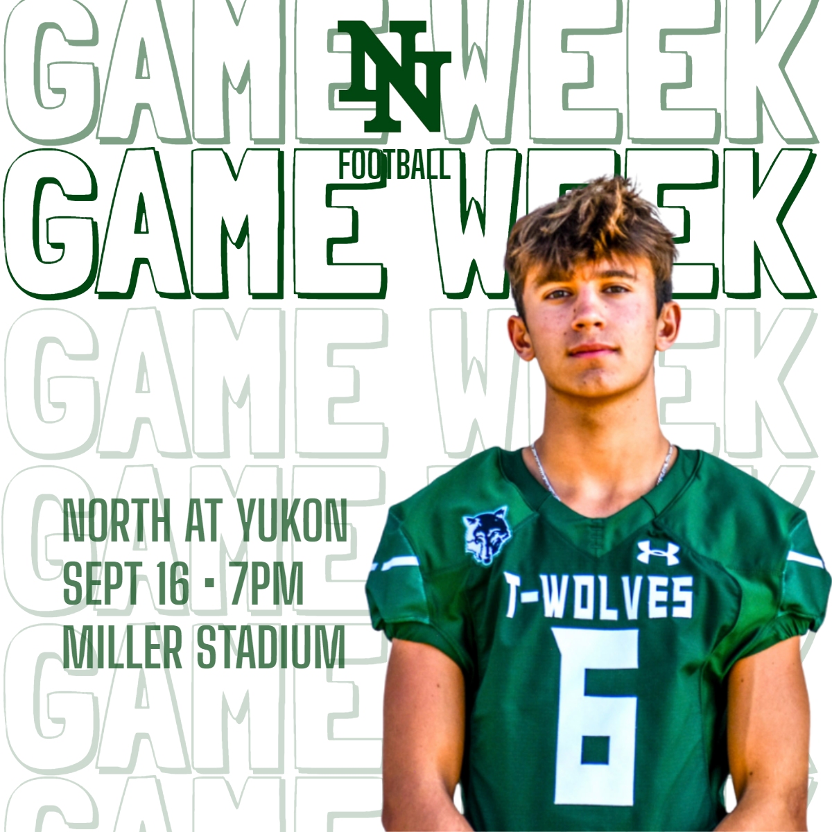 It's the first true road game this Friday as the T-Wolves travel to Yukon. 🐺 🏈 #AmatVictoriaCuram | #GoNorth 📅 Fri, Sept 16 🕖 7:00 p.m. 📍 Miller Stadium 📻 1400 AM or 99.3 FM 📺 NormanSports.tv 🟩 Theme: Monochrome