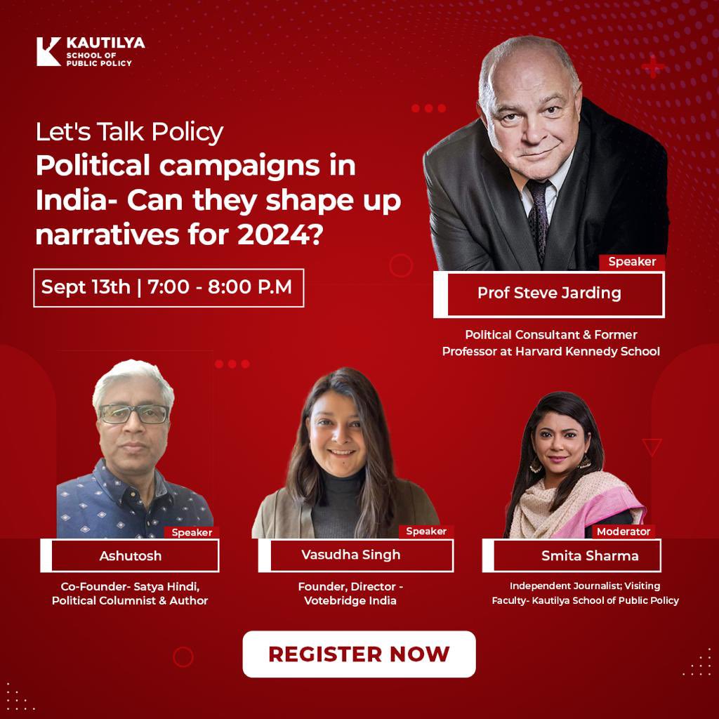 Join us in discussing the Role and Rise of Political Consultancy in India and Narratives for 2024. <a href="/Smita_Sharma/">Smita Sharma</a> Register now - kautilya.org.in/political-camp… 

Or join us live
YouTube - m.youtube.com/channel/UCfzky… 
FB - m.facebook.com/KautilyaSPP/