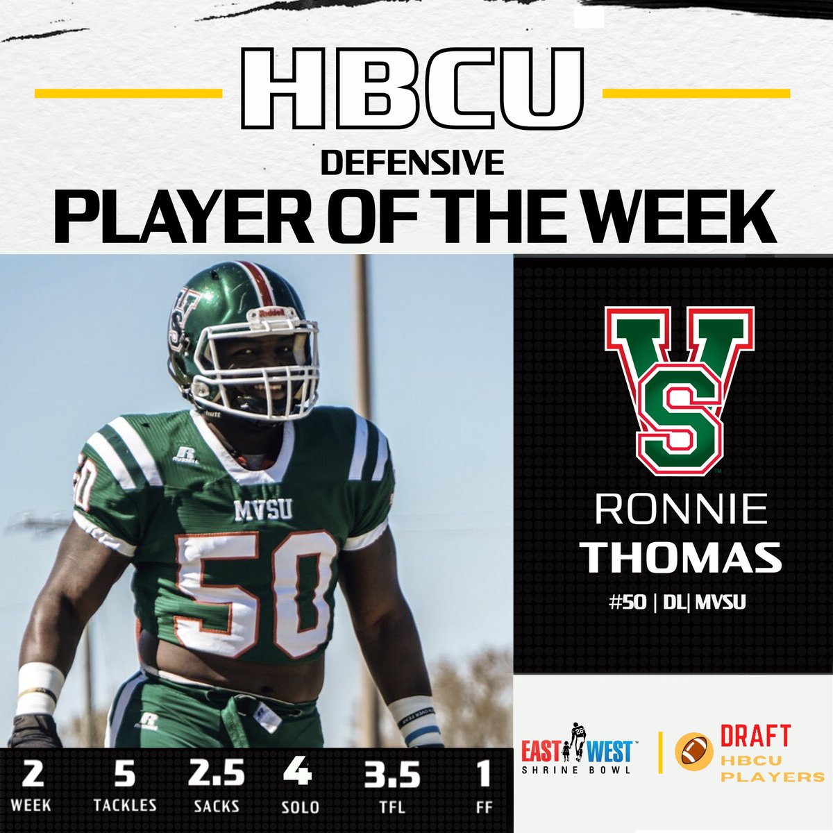 ShrineBowl's tweet photo. Our Week 2 #HBCU Defensive Player of the Week goes to @MSValleyFB DL Ronnie Thomas!😤

💫@R0nnieThomas (vs Austin Peay)
✅5 Tackles 
✅2.5 Sacks
✅4 Solo
✅3.5 TFL
✅1 FF

#ShrineBowl x @DraftHBCU https://t.co/83A3IUfpc6