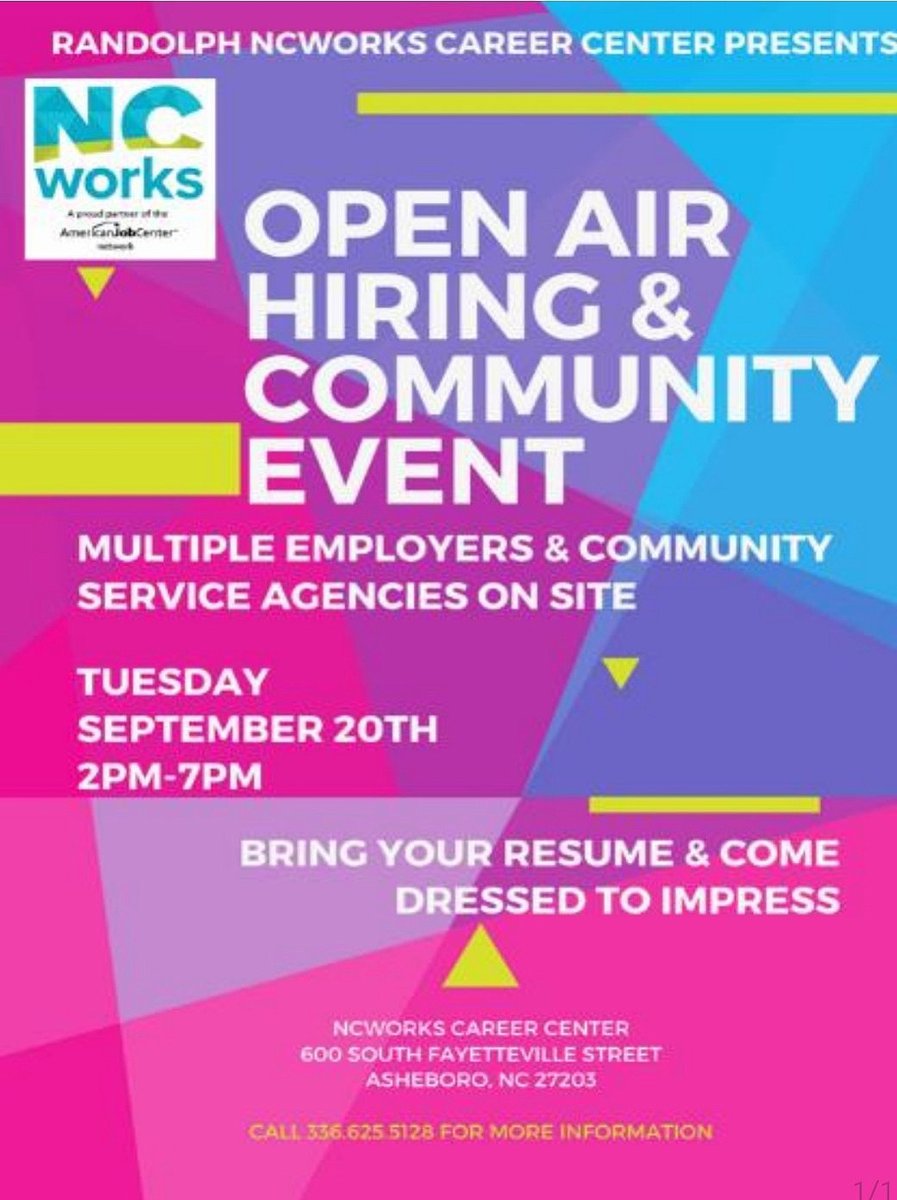 The #NCWorks Randolph County team is holding an Open-Air Hiring &amp; Community Event on Tuesday, Sept. 20, from 2-7pm, at 600 S. Fayetteville Street, Asheboro, NC! For more information/assistance, call 336-625-5128. #JobFair