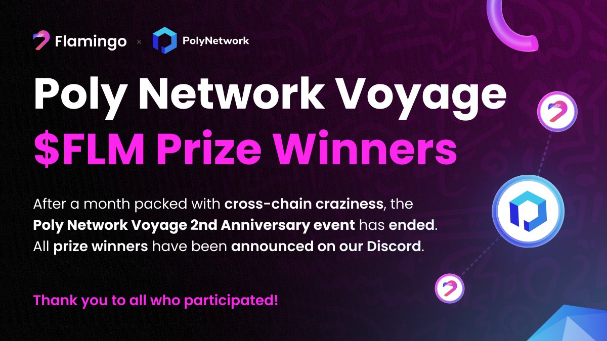 📢 After a full month of cross-chain craziness, the Poly Network Voyage 2nd Anniversary Event has come to an end. 🏆 All prize winners have been announced on our Discord! 🦩 Flamingo Finance Discord: discord.gg/flm #Flamingo #PolyNetwork #CrossChain #DeFi #Crypto