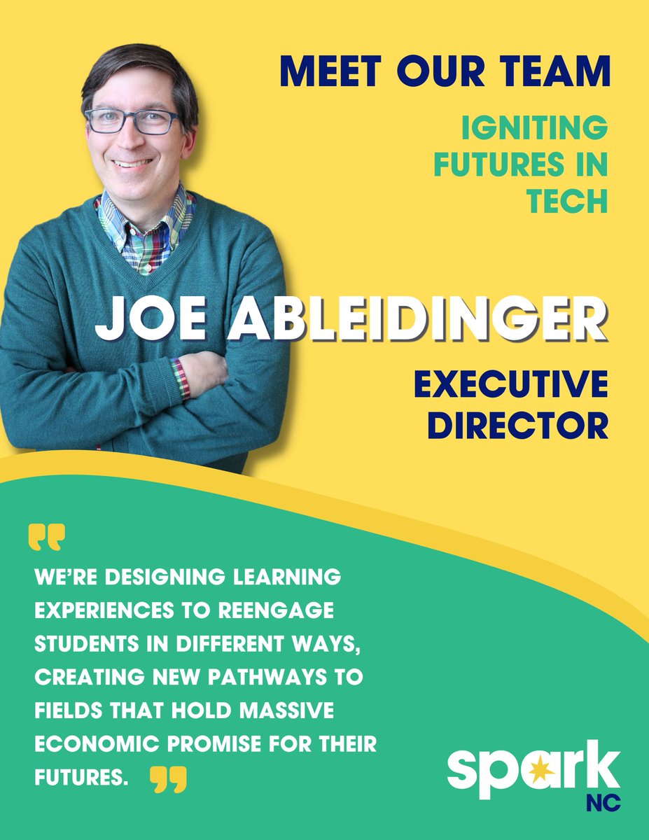 wearesparknc's tweet photo. Meet SparkNC Executive Director @JAbleidinger. Joe is excited to lead this work as we create new pathways to expand access to high-tech careers for North Carolina students. #wearesparknc #newpathways https://t.co/bBp6R5SteA