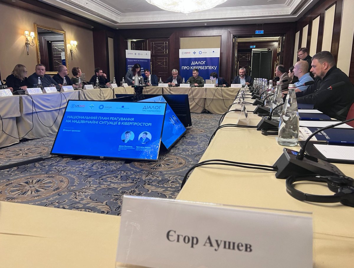 CyberUnitTech's tweet image. Cybersecurity initiatives in Ukraine never stop. We constantly work to improve the readiness and reaction speed to threats in the public and private sectors. @Yegor_au participating in the Cybersecurity Dialogue with international partners right now in Kyiv.