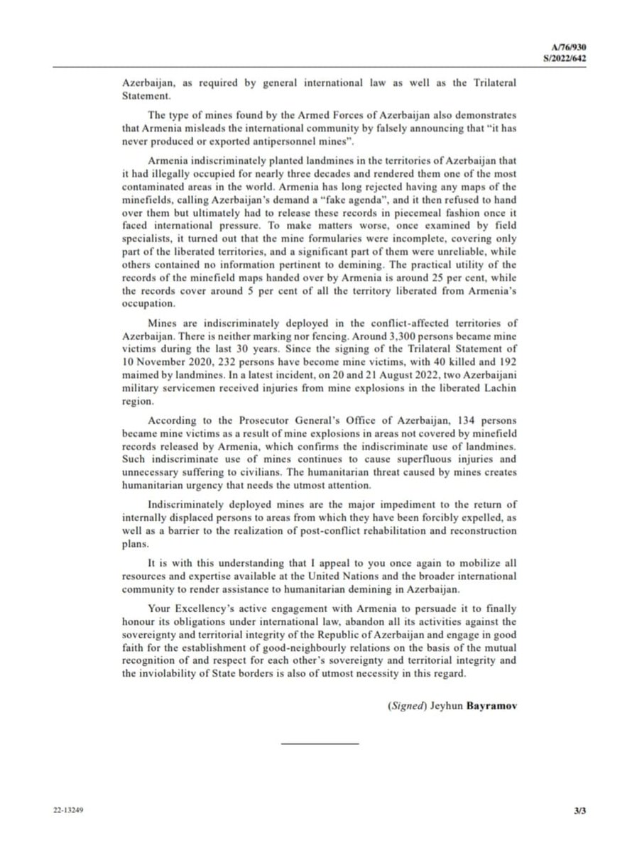 AzerbaijanMFA's tweet photo. Letter from FM @Bayramov_Jeyhun on continued illegal military activities of #Armenia, including the planting of mines on the territory of #Azerbaijan, was circulated as #UNGA &amp; #UNSC documents.

🔗https://t.co/Nw18szdCfz https://t.co/gcGOYA7eKg