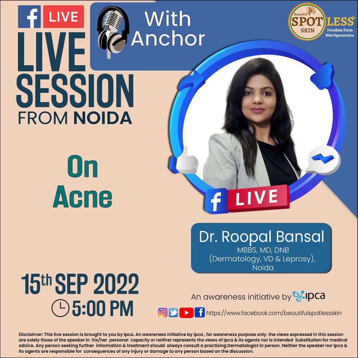 CampaignSkin's tweet photo. Dr.Roopal Bansal an accomplished Dermatologist from Noida will be live on 15th Sept at 5pm.
Dr.Roopal Bansal will throw light on the topic "Acne ".Do not forget to log in to the Beautiful spotless skin page on 15th spet to listen to an expert talk by Dr.Roopal Bansal https://t.co/5xTgtI3942
