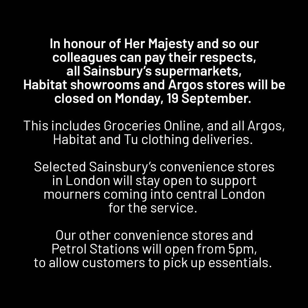 We are deeply saddened by the passing of Her Majesty Queen Elizabeth II and thank everyone for their understanding regarding our supermarket and store closures, and pausing of our delivery services.