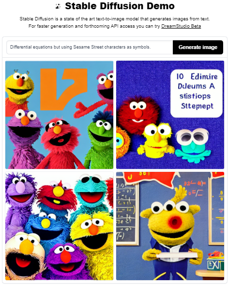 PunmasterStp's tweet photo. I need to stop doing this, but using #StableDiffusion is just blowing my mind right now.  While the prompt "Differential equations but with Sesame Street characters as symbols." didn't give me quite what I was expecting, I think the last #image was a real banger! #art #AI #DiffEQ https://t.co/9eRywhRqF3