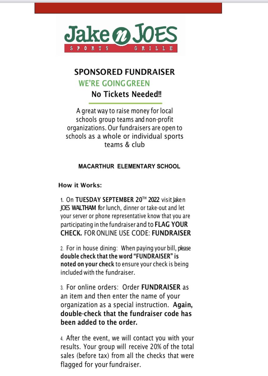 Our first MacArthur Restaurant Night is a week from today (9/20) at Jake n Joes! Dine in or take out, and 20% of your check will help support our school! It’s that easy. 🍔🥗👍🏼