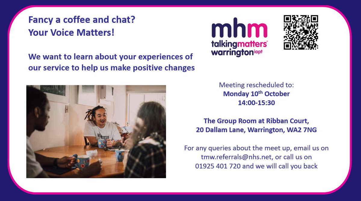 NHSWarringtonTT's tweet photo. UPDATE - For those of you interested in attending the "Your Voice Matters'" meeting, this has now been rescheduled to Monday, the 10th of October at 2PM. If you are interested in attending, then please call us on 01925 401 720 or email tmw.referrals@nhs.net to find out more. https://t.co/F50nyHyn1d