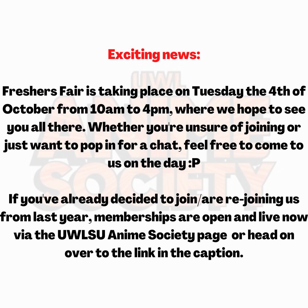 AnimeUwl's tweet photo. Hope to meet as many of you as we can 🫣👋

#uwl#uwlsu#freshers https://t.co/dehlwRPTKP