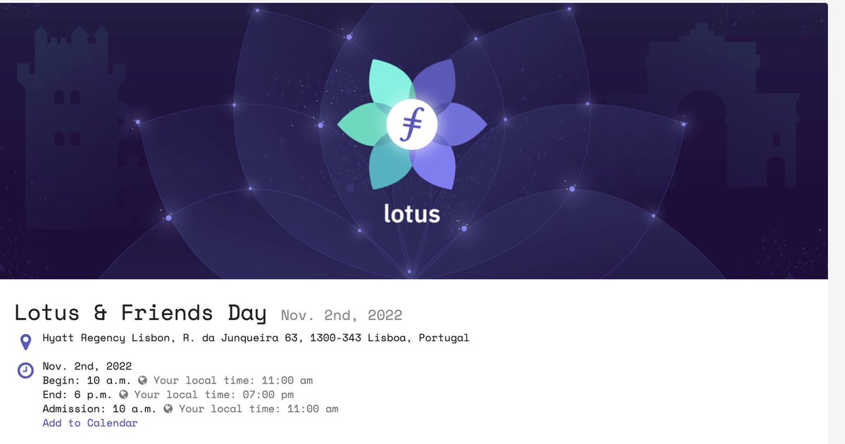 Have you heard that the Lotus team is hosting our first #LotusnFriendsDay @FilLisbon on Nov 2nd! There will be:
-☕️🥯🥙🥃
-Talks, workshops &amp; panels from Lotus, Filecoin Crypto, Data onboarding team &amp; more
-Swags 
Spread the News &amp; more details coming soon!