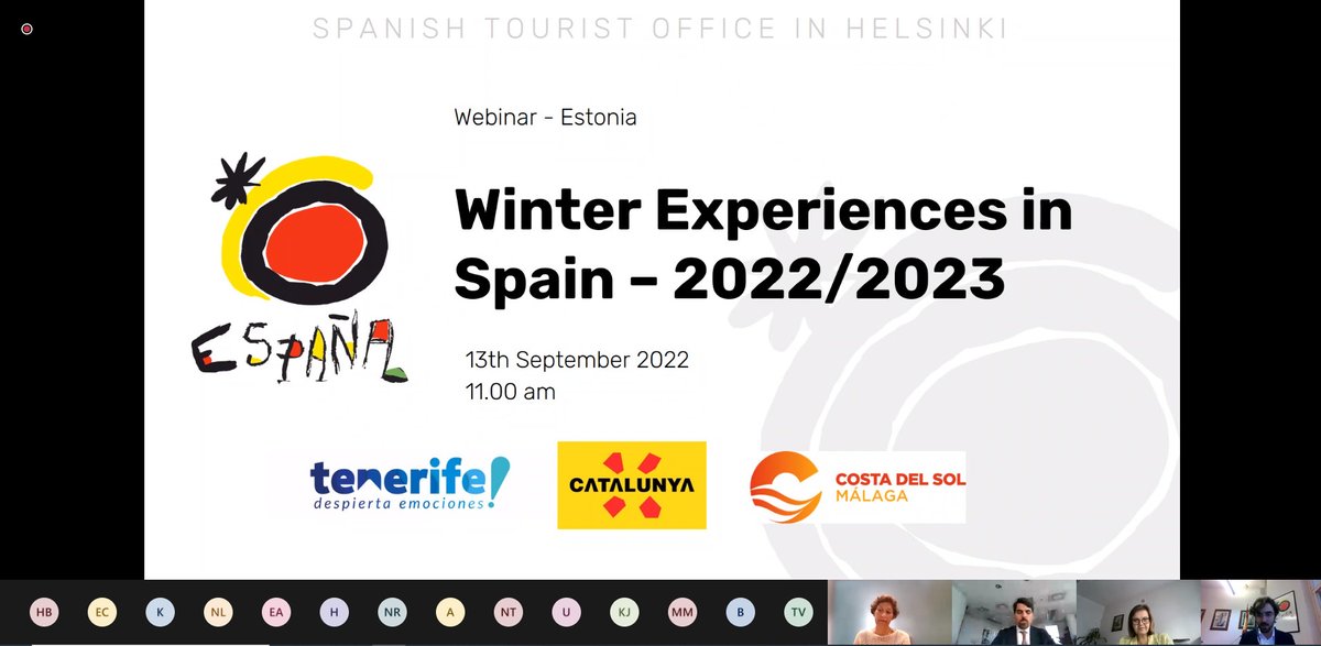 EspanjaSuomessa's tweet photo. Today we organized the #webinar Winter Experiences in Spain 2022-23 ⛷️☀️⛰️🚵 aimed at the Estonian market 🇪🇪
Thank you to the destinations that hosted the event: @catexperience @visit_tenerife @vivecostadelsol ✨
#YouDeserveSpain #WinterExperiences #ETFL @EmbEspEstonia https://t.co/7Zm6Wi8mk0