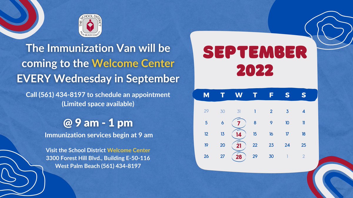 📌TOMORROW! Free Immunizations at the School District Welcome Center continues every Wednesday in September. Immunizations are available for children through 12th grade. Please call (561) 434-8197 to make an appointment. 📲 For more info, visit: bit.ly/PBCSDImmunizat…